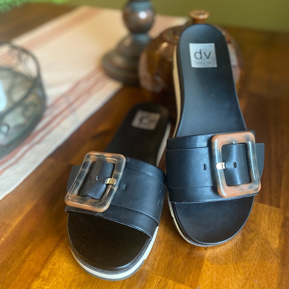 DV by Dolce Vita Caster Black Mules Sandal with Tan Buckle